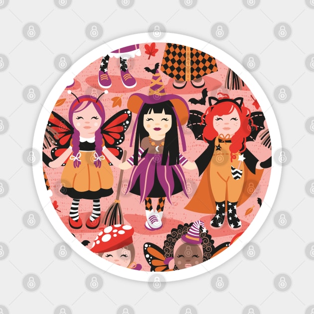 Witches dance // pattern // pink background red orange and berry pink halloween fantasy costumes Magnet by SelmaCardoso